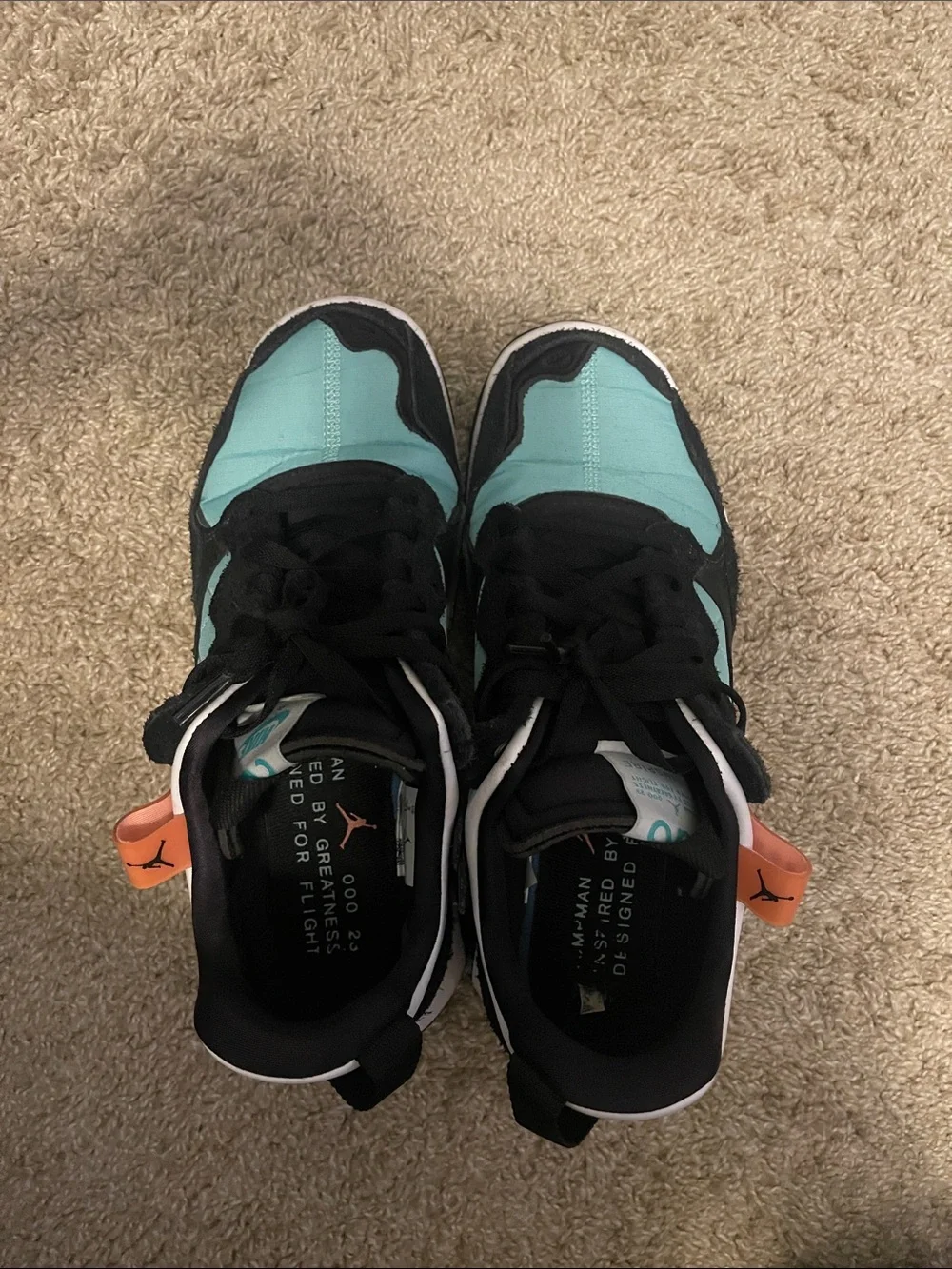 Jordan Men's Sneakers in Teal, Black & White with Orange Tag